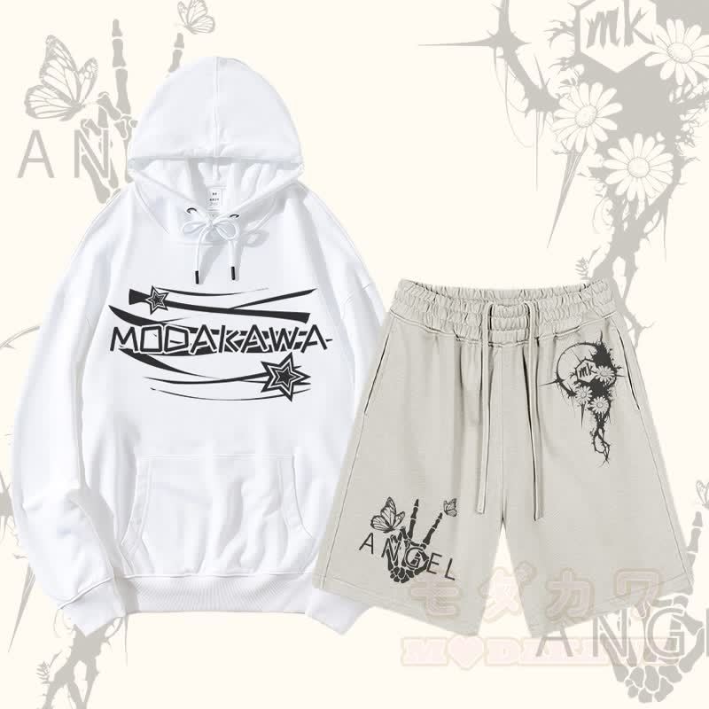MODAKAWA Pullover-Hoodie mit Sternenbuchstaben-Grafik und Shorts mit Blumen-Skeletthand-Grafik und Kordelzug, zweiteiliges Set - Weiß & Aprikose - 2XL - image 3