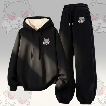 MODAKAWA Smoking Wolf Grafik-Hoodie mit dickem Fleecefutter, zweiteiliges Set - Black - 5XL - image 4