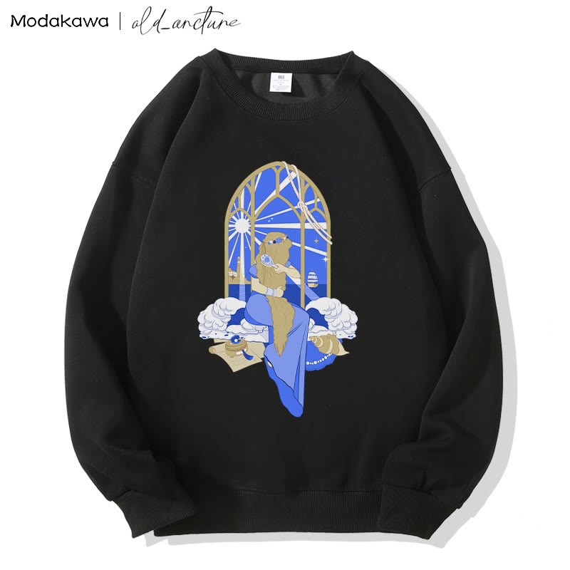 MODAKAWA X old_arcture Sweatshirt mit Aufdruck „Blondes Mädchen bürstet Haare“ und Rundhalsausschnitt - Black - 5XL - image 5