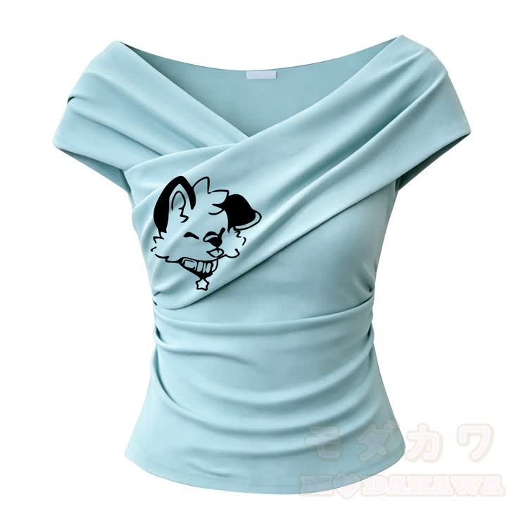 MODAKAWA X popipeko Puppy Graphic Off Shoulder Top mit Rüschenminirock und Stulpen - Blaues Oberteil - One Size - image 6