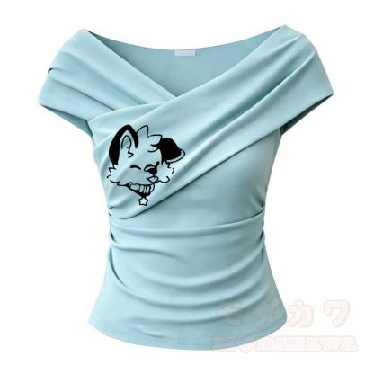 MODAKAWA X popipeko Puppy Graphic Off Shoulder Top mit Rüschenminirock und Stulpen - Blaues Oberteil - One Size - image 6