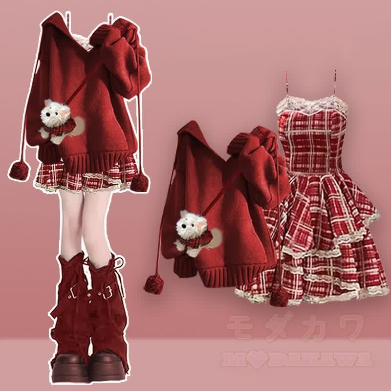 Dreiteiliges Set: Strickpullover, kariertes Unterkleid, Stulpen und Strickkleid - Satz C - XL - image 3