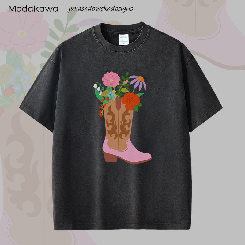 MODAKAWA X juliasadowskadesigns Shose Flower Graphic Unisex Dopamine Vintage Washed T-Shirt - Black - 2XL - image 4