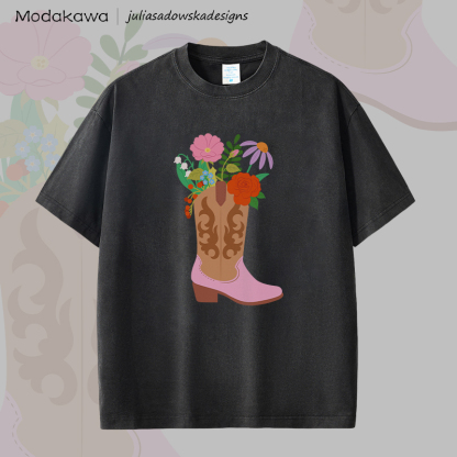 MODAKAWA X juliasadowskadesigns Shose Flower Graphic Unisex Dopamine Vintage Washed T-Shirt - Black - 2XL - image 4