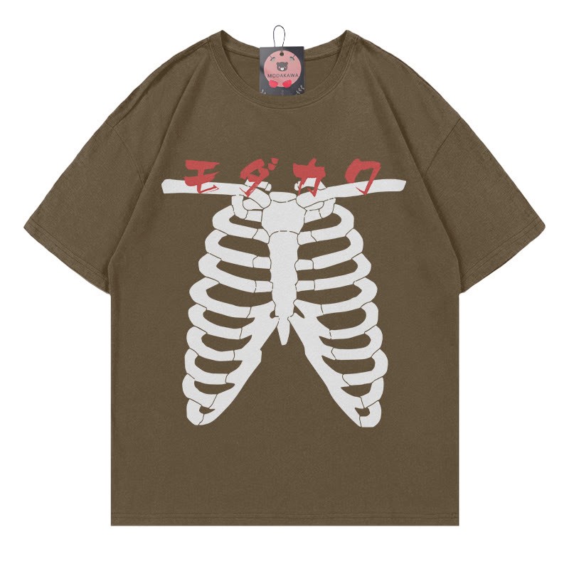 Modakawa T-Shirt mit Skelett-Buchstabenprint, 100 % Baumwolle - Brown - 5XL - image 3