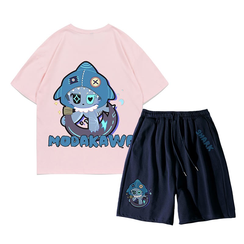 Verspieltes T-Shirt-Shorts-Set mit Hai-Grafik in dunkler Ästhetik, zweiteilig - Rosa & Purpurblau - C - 5XL - image 6