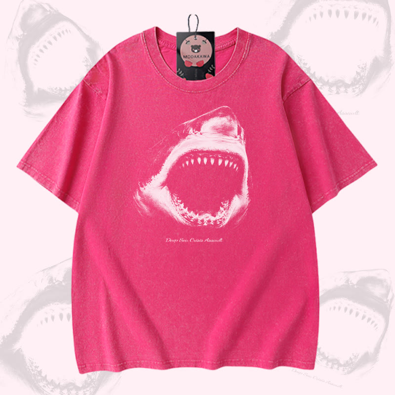Modakawa Vintage T-Shirt mit Haifischmaul-Motiv, gewaschen aus 100 % Baumwolle - Rose Red - 5XL - image 4