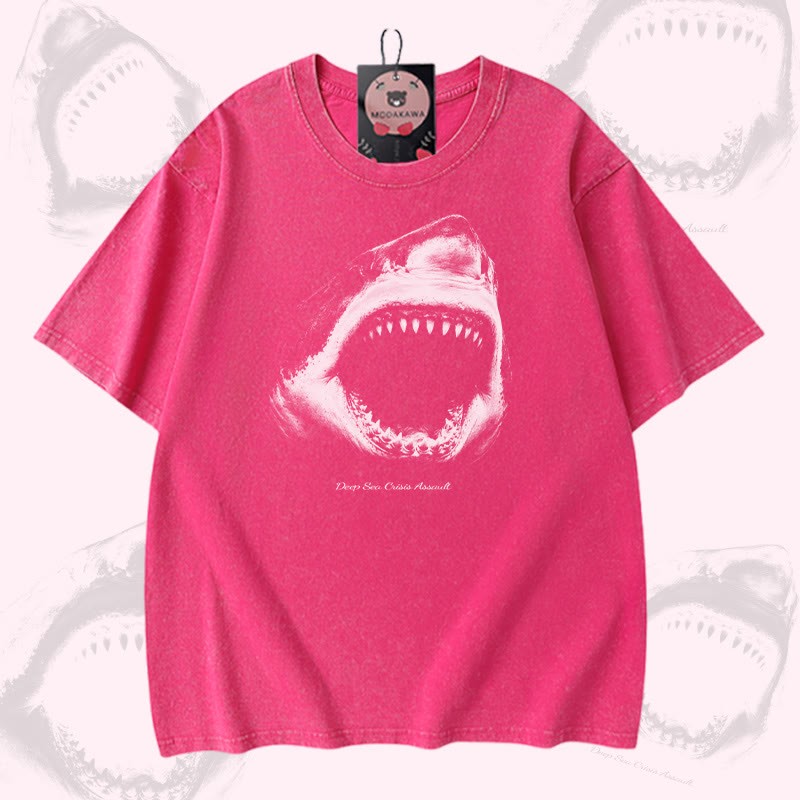 Modakawa Vintage T-Shirt mit Haifischmaul-Motiv, gewaschen aus 100 % Baumwolle - Rose Red - 5XL - image 4