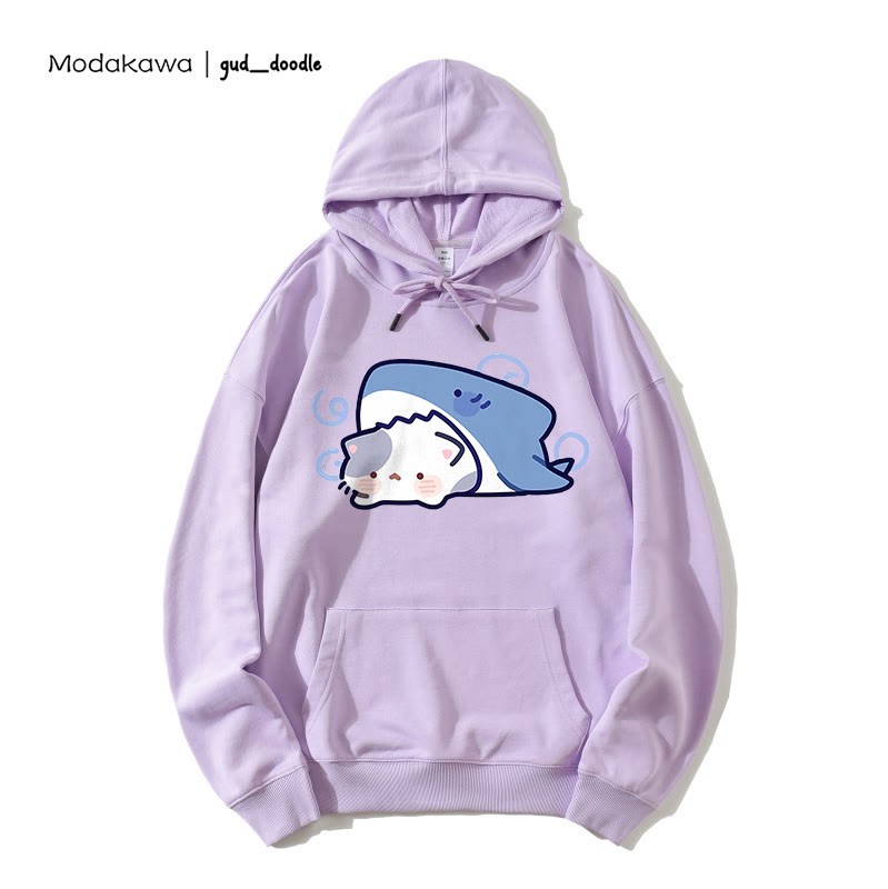 Modakawa x gud_doodle – Lockerer Hoodie mit Hai- und Kätzchen-Print - Purple - 5XL - image 5