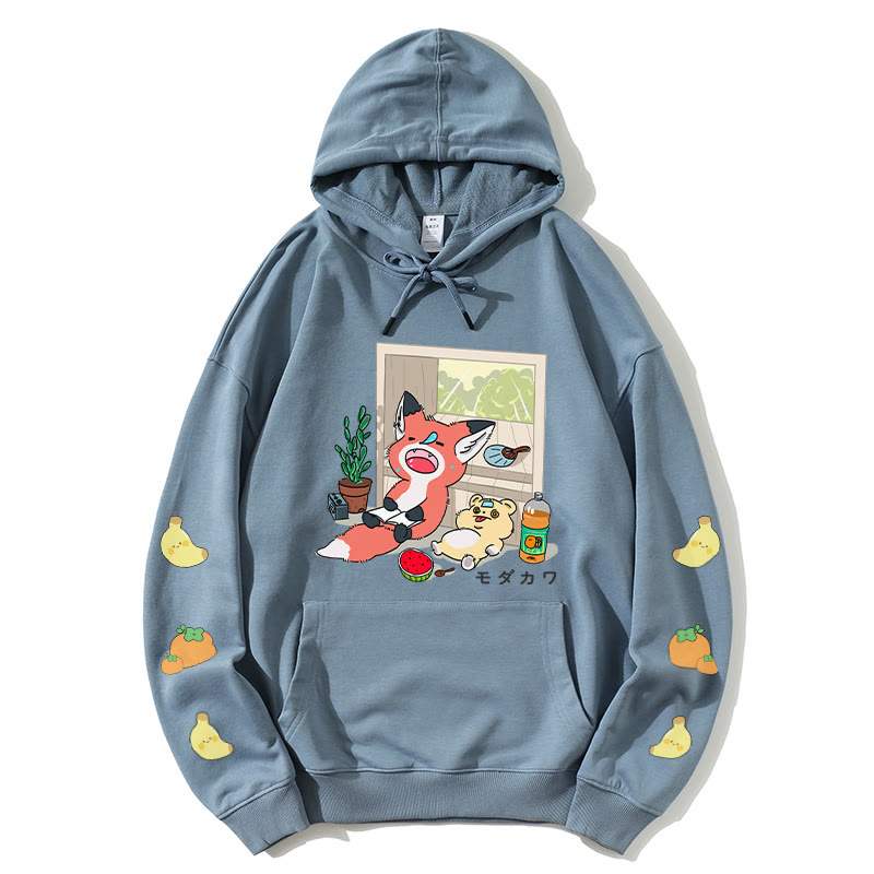 Modakawa Lockerer Kapuzenpullover mit Nickerchen-Tier-Buchstabendruck - Slate Blue - 5XL - image 4