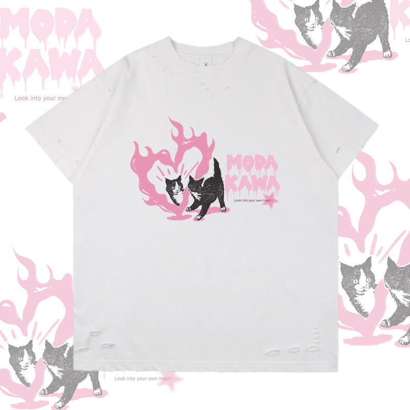 Modakawa Ripped T-Shirt mit Herzkatzen-Grafik - White - 2XL - image 2