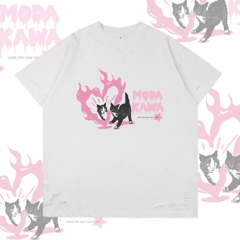 Modakawa Ripped T-Shirt mit Herzkatzen-Grafik - White - 2XL - image 2