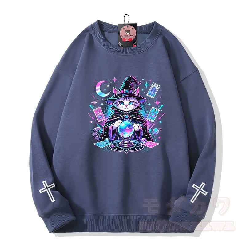 Tarot Hexe Katze Kreuz Grafik Modakawa Sweatshirt - Staubiges Blau - 5XL - image 4