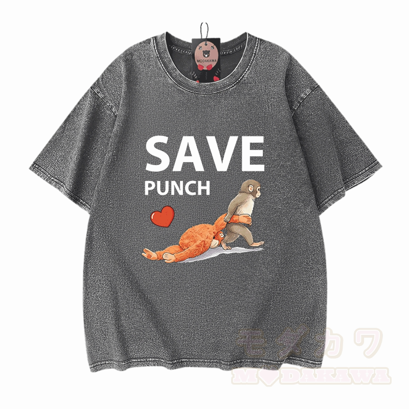 SAVE PUNCH Monkey Graphic Modakawa Unisex Vintage Washed T-Shirt - Grau - 5XL - image 7