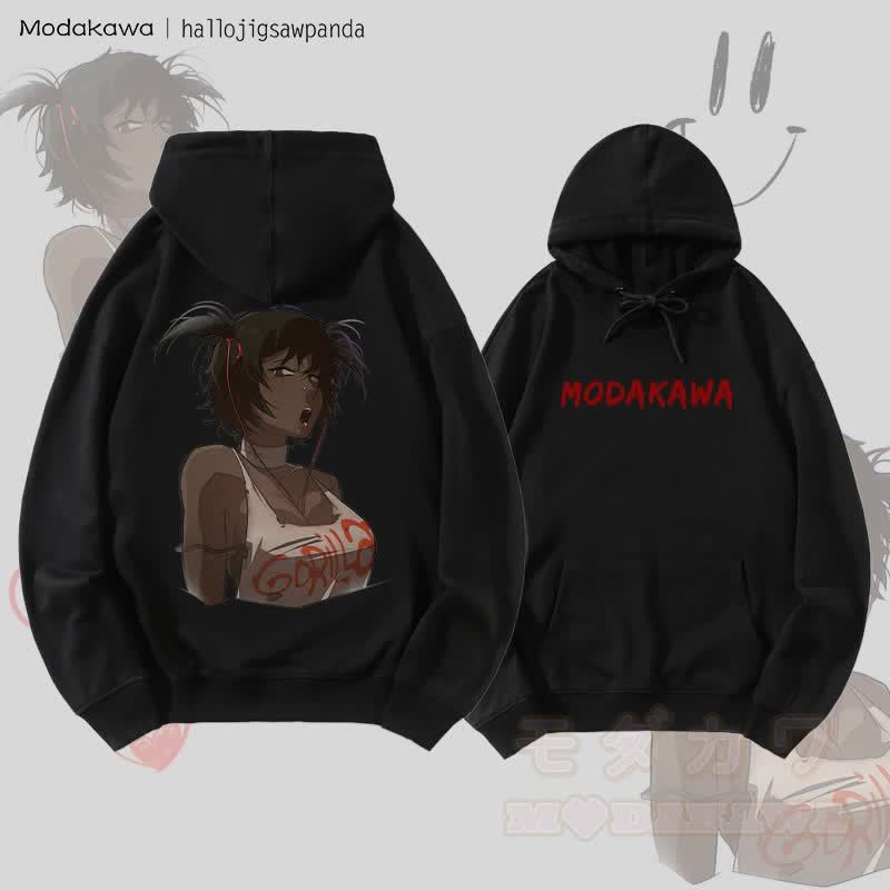 MODAKAWA X Hallo Edgy Anime Girl Graphic Streetwear Pullover Hoodie - Schwarz - 5XL - image 5