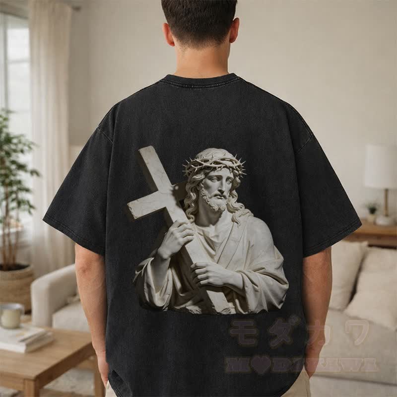 Modakawa Vintage T-Shirt mit Kreuzstatue-Motiv, gewaschen aus 100 % Baumwolle - image 5