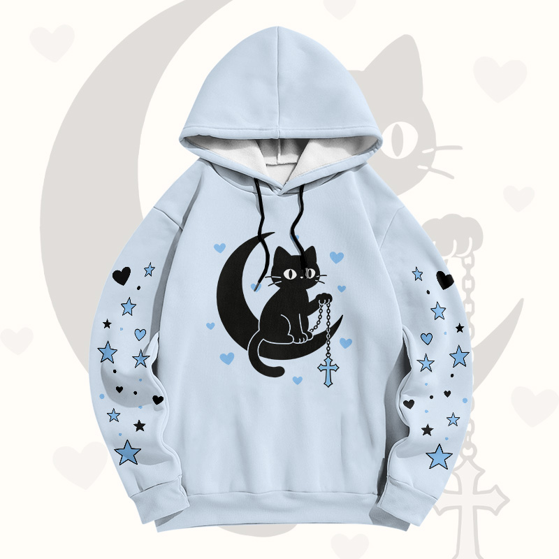Astrologie Schwarze Katze Mond Grafik Modakawa Pullover Hoodie - Blue A - 6XL - image 4