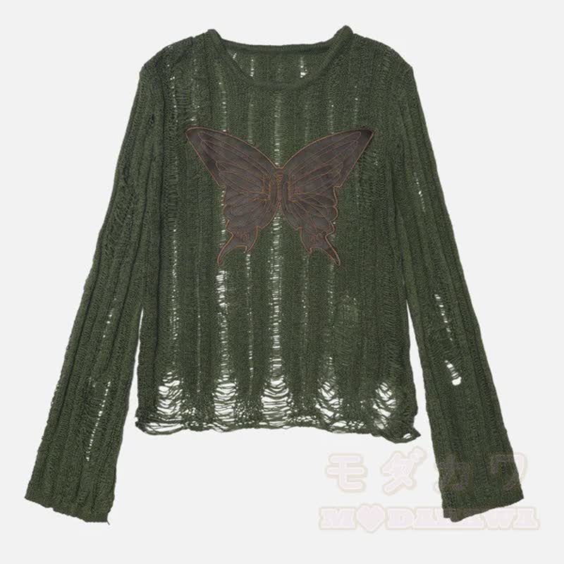 Langarm-Strick-T-Shirts mit Used-Look und hohler Schmetterlingsstickerei - Grün - 2XL - image 4