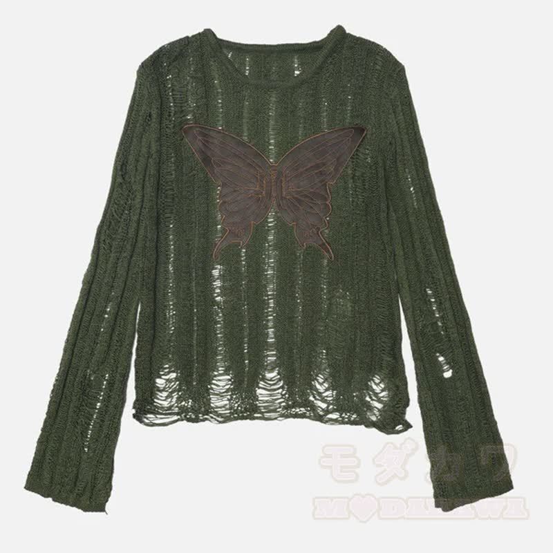 Langarm-Strick-T-Shirts mit Used-Look und hohler Schmetterlingsstickerei - Grün - 2XL - image 4