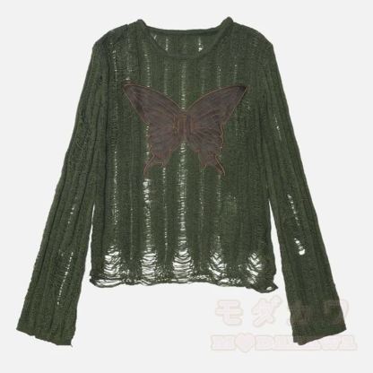 Langarm-Strick-T-Shirts mit Used-Look und hohler Schmetterlingsstickerei - Grün - 2XL - image 4