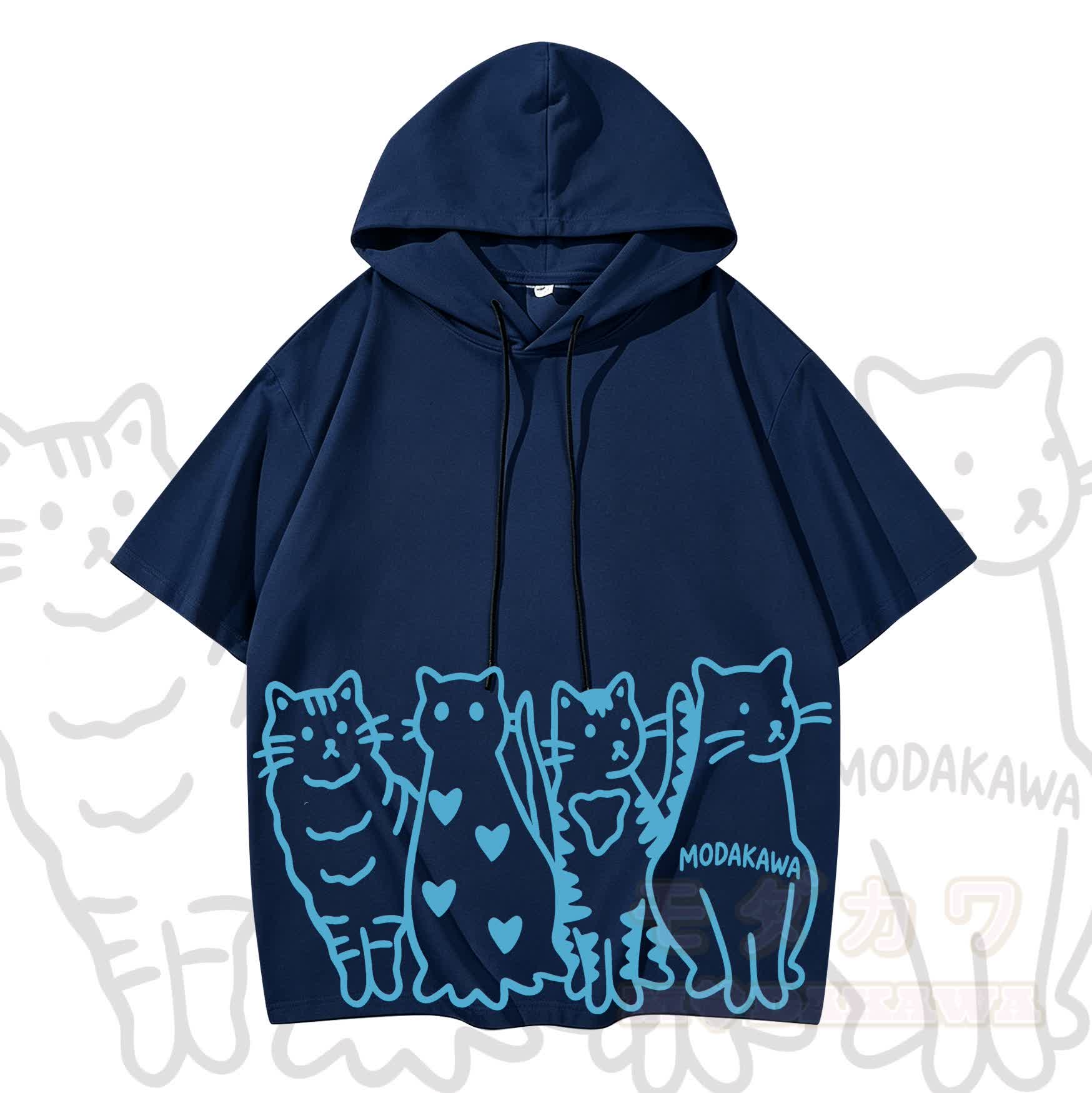 MODAKAWA Kurzarm-Hoodie mit verspieltem Katzenprint - Dunkelblau - 3XL - image 11