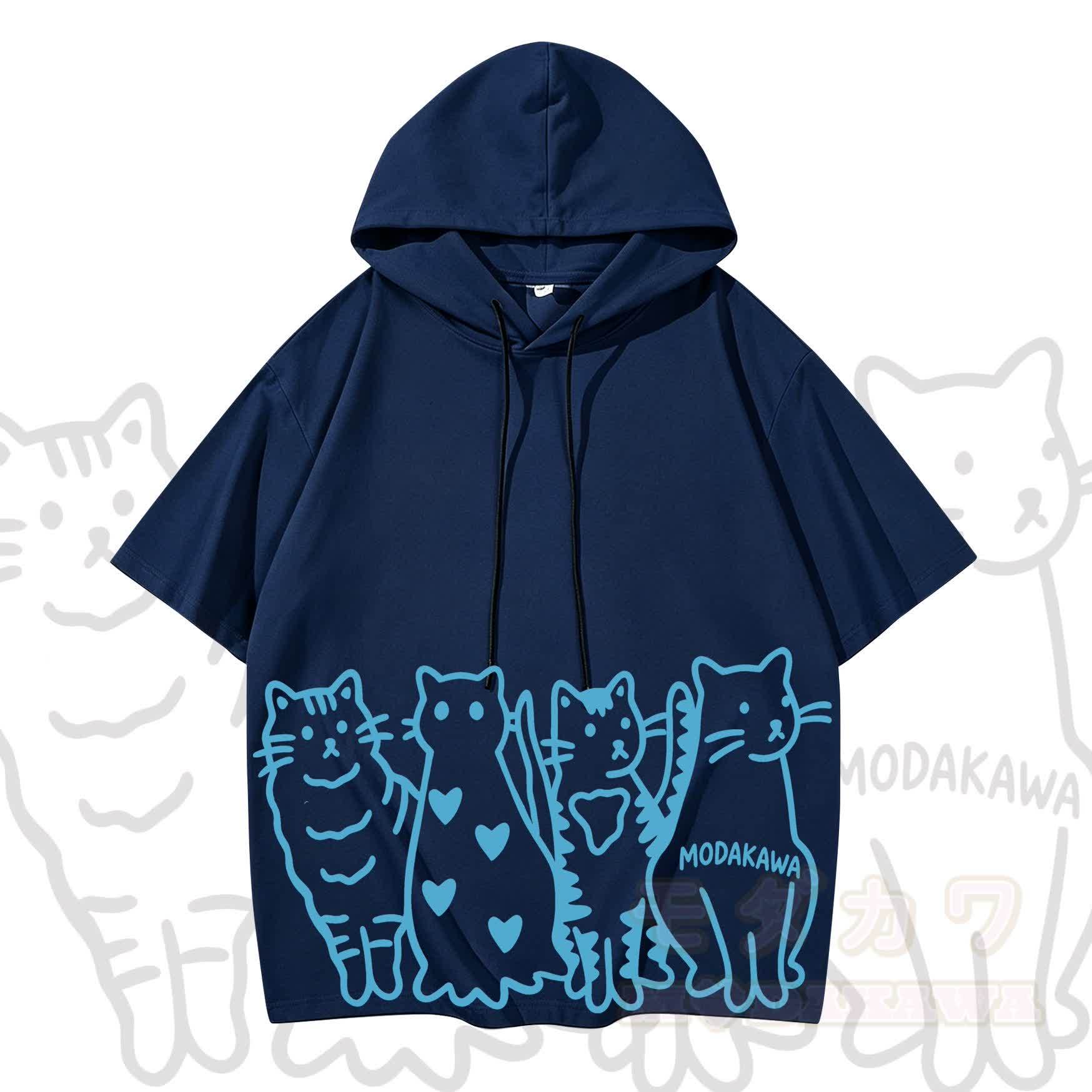 MODAKAWA Kurzarm-Hoodie mit verspieltem Katzenprint - Dunkelblau - 3XL - image 11