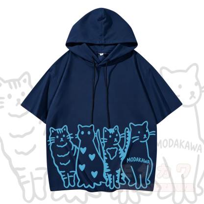 MODAKAWA Kurzarm-Hoodie mit verspieltem Katzenprint - Dunkelblau - 3XL - image 11