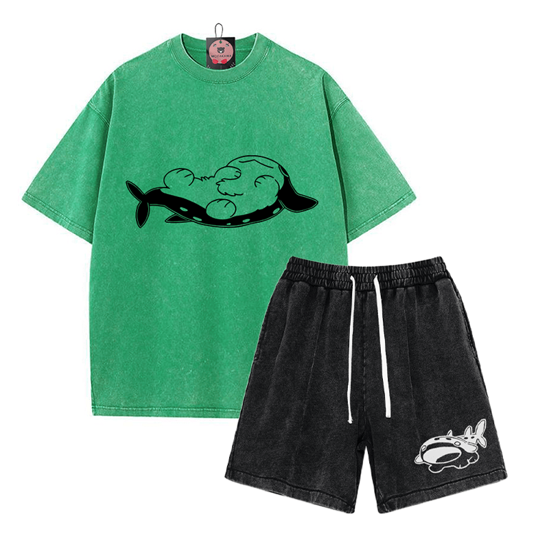 Verspieltes T-Shirt mit Pupfish-Grafik und verwaschenen Shorts im Vintage-Stil, zweiteiliges Set - Green&Black - 3XL - image 9