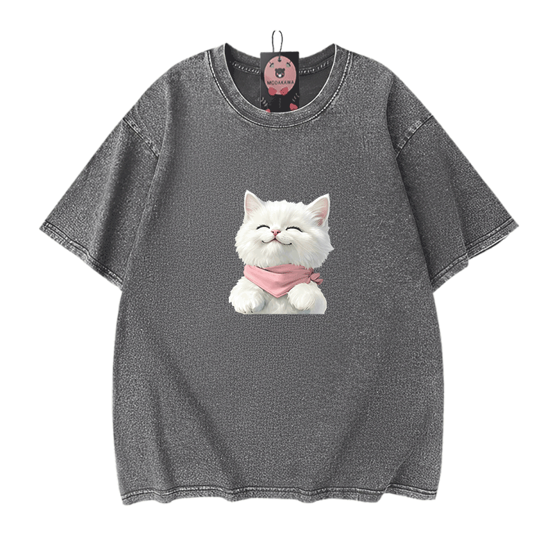 Modakawa Unisex Vintage T-Shirt mit weißer Katzengrafik - Grey - 5XL - image 11