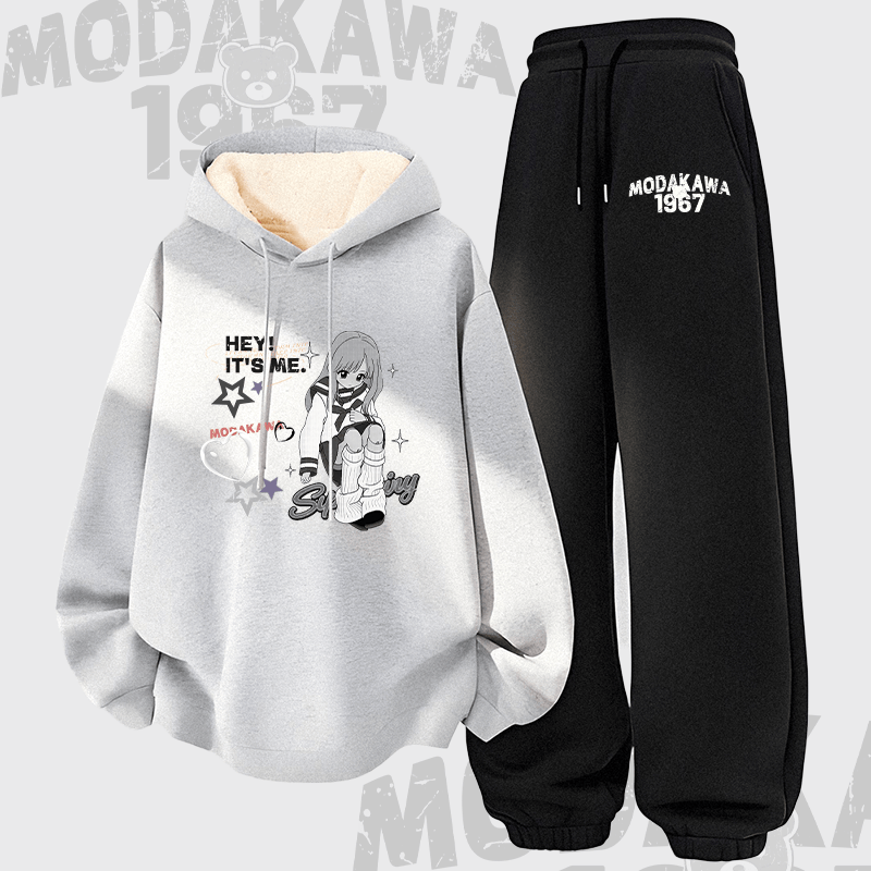 MODAKAWA HEY! IT'S ME Mädchen Grafik-Hoodie mit dickem Fleecefutter, zweiteiliges Set - Grey&Black - 5XL - image 2