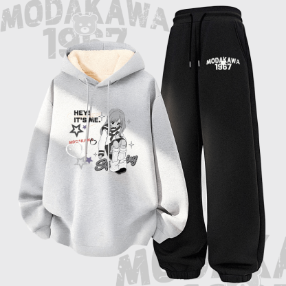 MODAKAWA HEY! IT'S ME Mädchen Grafik-Hoodie mit dickem Fleecefutter, zweiteiliges Set - Grey&Black - 5XL - image 2