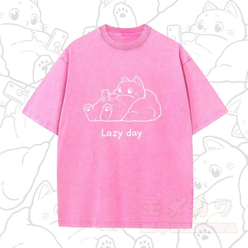 MODAKAWA LAZY DAY Kurzarm-T-Shirt mit niedlichem Katzenprint - Pink B - 5XL - image 9