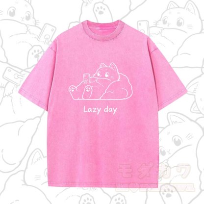MODAKAWA LAZY DAY Kurzarm-T-Shirt mit niedlichem Katzenprint - Pink B - 5XL - image 9