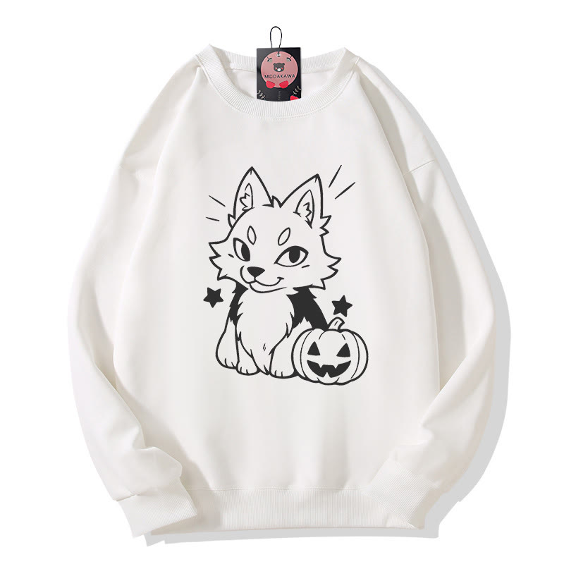 Sweatshirt mit verspieltem Fuchs-Kürbis-Halloween-Motiv und Rundhalsausschnitt - White - 5XL - image 4