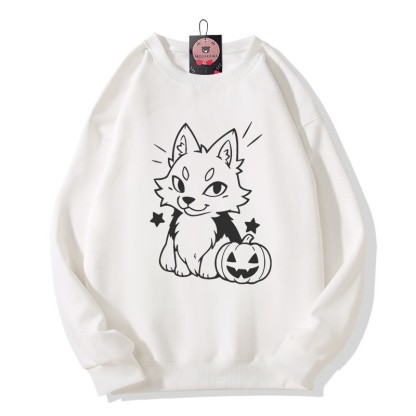 Sweatshirt mit verspieltem Fuchs-Kürbis-Halloween-Motiv und Rundhalsausschnitt - White - 5XL - image 4