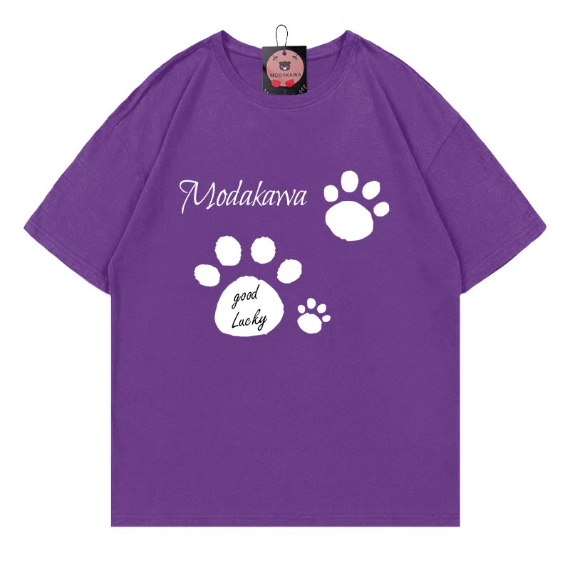 Viel LUCKY! T-Shirt mit Katzenpfoten-Schriftzug, 100 % Baumwolle, Modakawa - Purple - 5XL - image 3