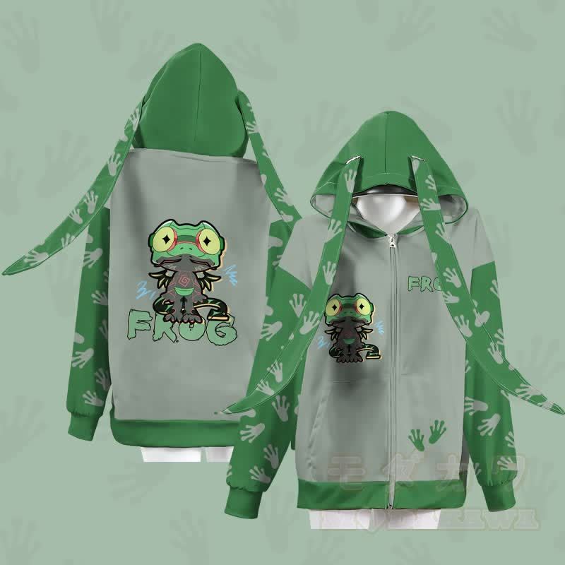 MODAKAWA Hoodie mit lustigem Froschmotiv, Reißverschluss und langen Hasenohren - image 3