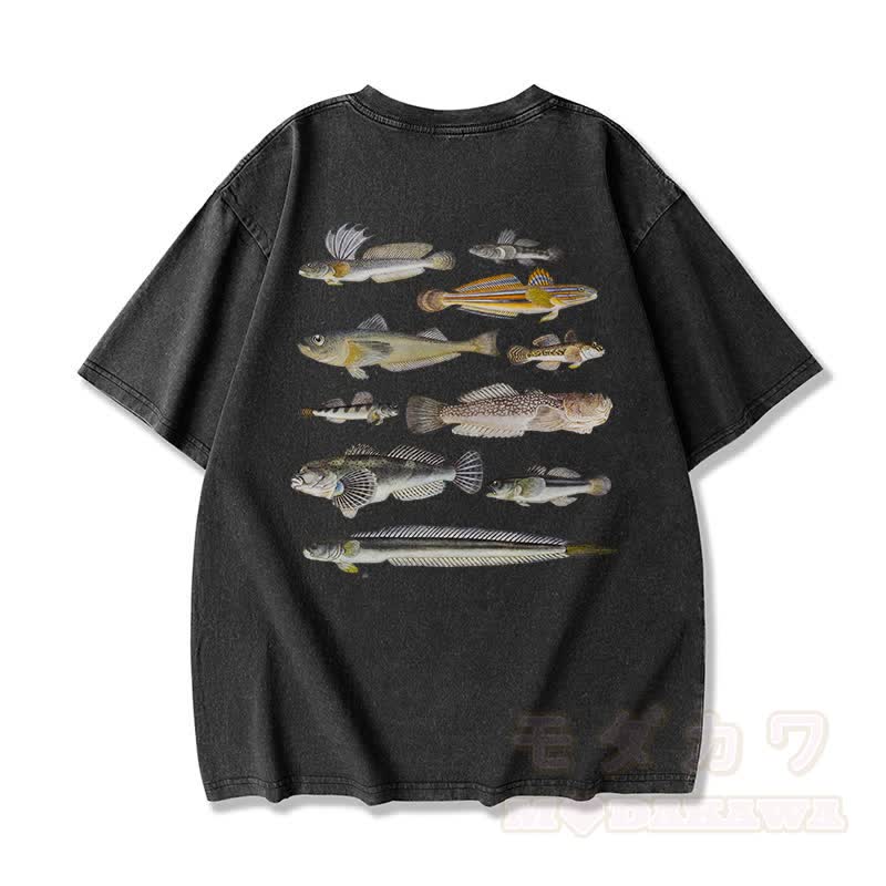 Modakawa Marine Fish Print Washed Loose Oversized Kurzarm-T-Shirt - Schwarz - 3XL - image 6