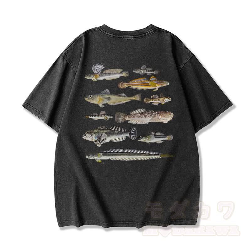 Modakawa Marine Fish Print Washed Loose Oversized Kurzarm-T-Shirt - Schwarz - 3XL - image 6