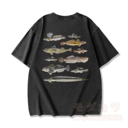 Modakawa Marine Fish Print Washed Loose Oversized Kurzarm-T-Shirt - Schwarz - 3XL - image 6