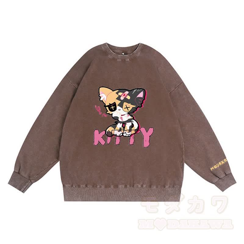 Sad Kitty Grafik Dunkle Ästhetik Unisex Vintage Gewaschenes Sweatshirt - Braun - 3XL - image 3