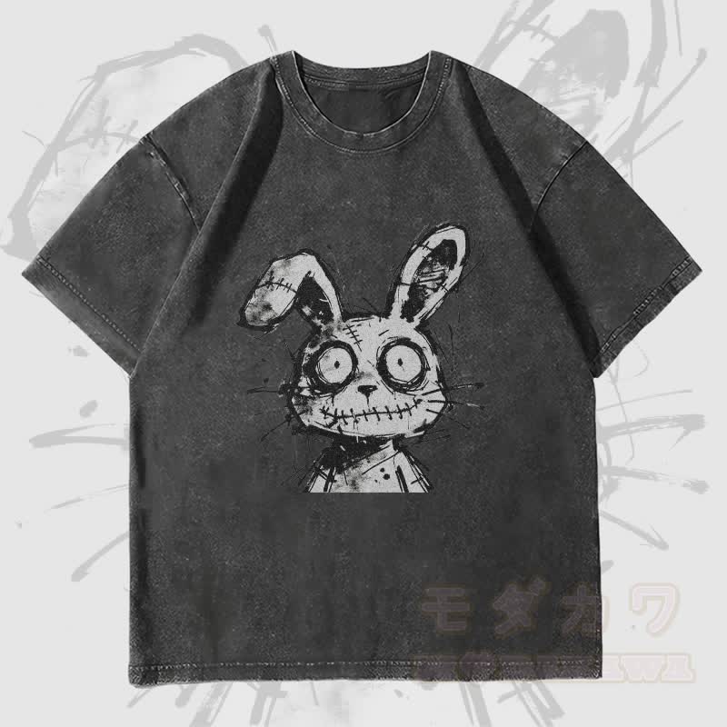 MODAKAWA Unisex-T-Shirt mit gesticktem Hasenmotiv im Vintage-Stil - Schwarz - 4XL - image 4