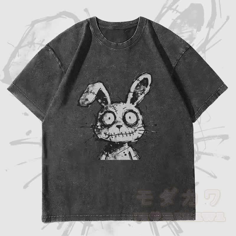 MODAKAWA Unisex-T-Shirt mit gesticktem Hasenmotiv im Vintage-Stil - Schwarz - 4XL - image 4