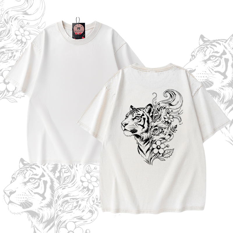 Modakawa Unisex Vintage Washed T-Shirt mit Tigerblumenmuster - Apricot - 5XL - image 2