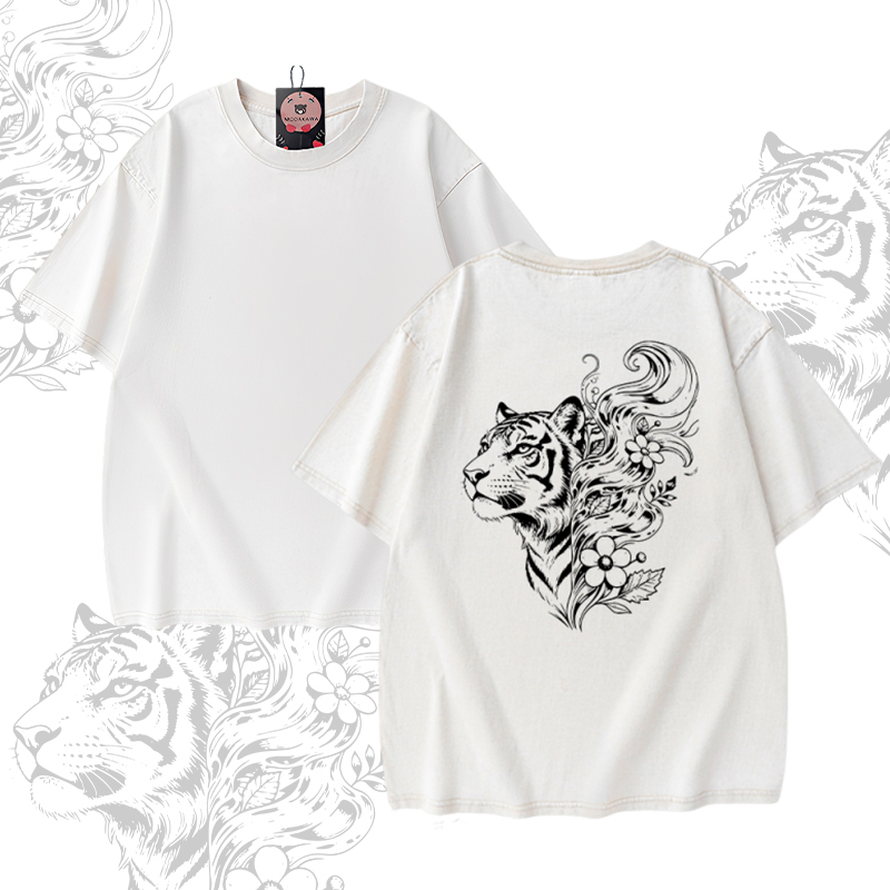 Modakawa Unisex Vintage Washed T-Shirt mit Tigerblumenmuster - Apricot - 5XL - image 2