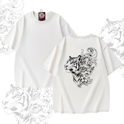 Modakawa Unisex Vintage Washed T-Shirt mit Tigerblumenmuster - Apricot - 5XL - image 2