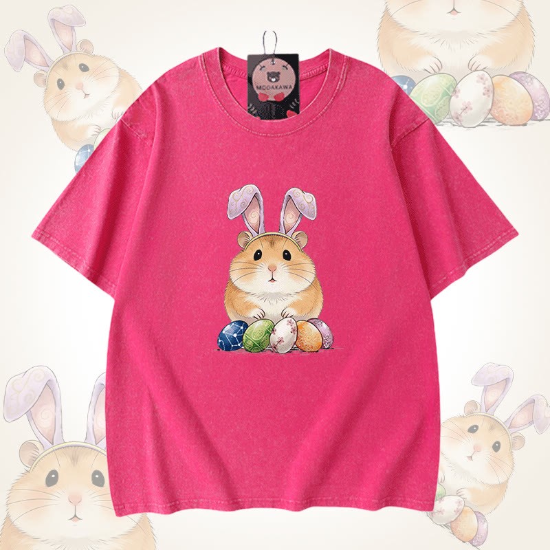 Modakawa Unisex Vintage Washed T-Shirt mit Osterei-Hamster-Motiv - Rose Red - 5XL - image 8