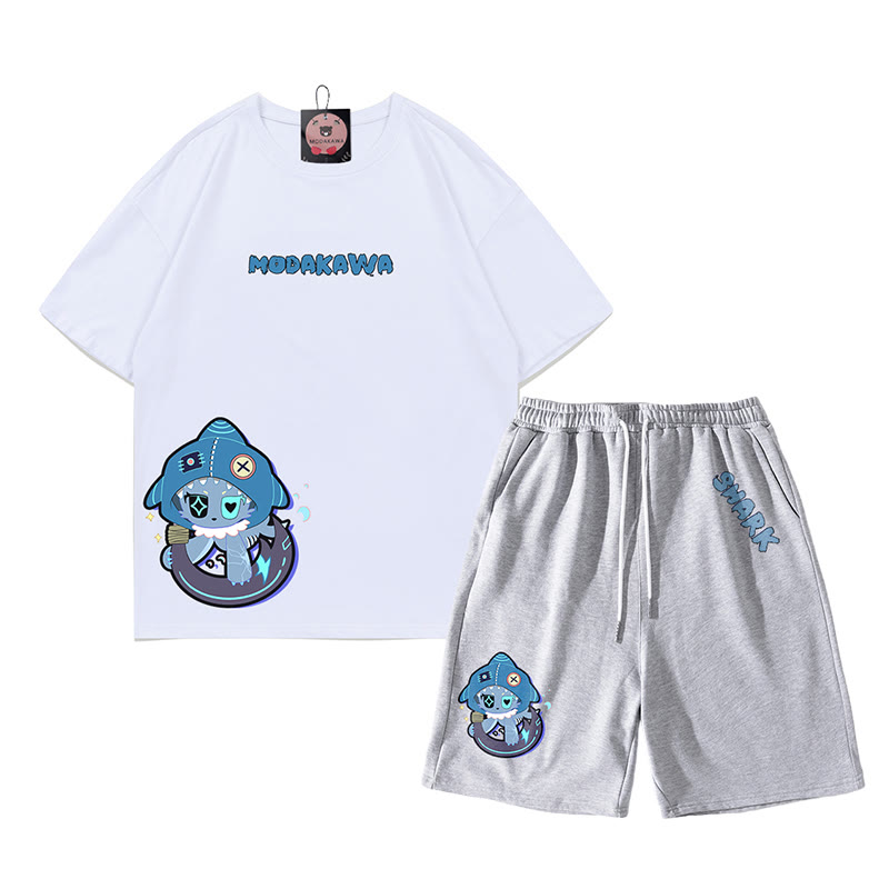 Verspieltes T-Shirt-Shorts-Set mit Hai-Grafik in dunkler Ästhetik, zweiteilig - Weiß&Grau - B - 5XL - image 11