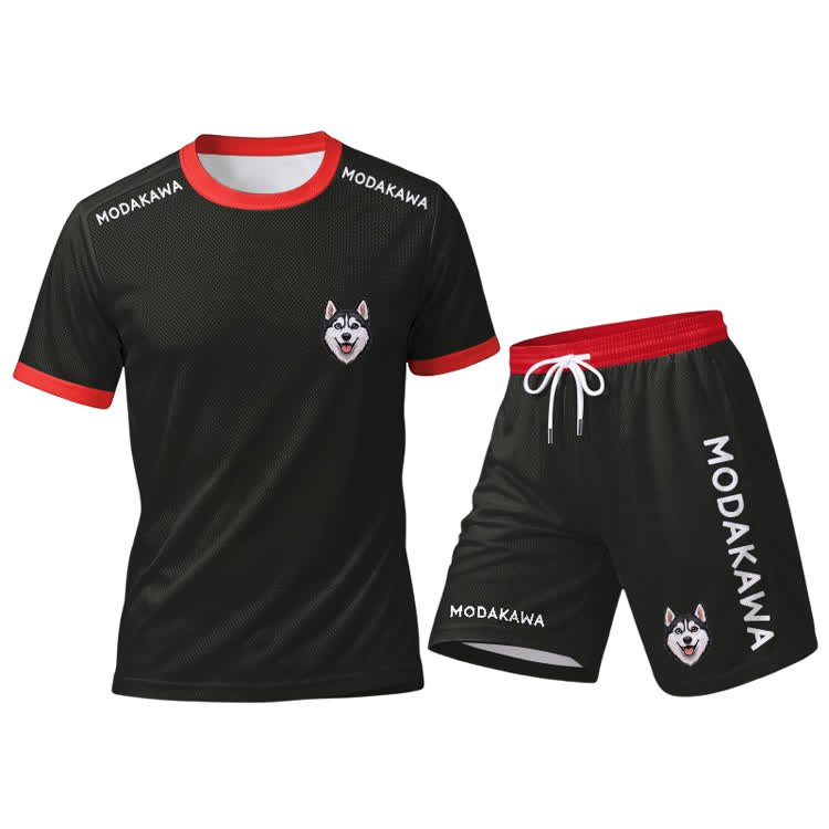 Sport-T-Shirt mit Husky-Motiv, Shorts mit Kordelzug, Modakawa-Partnerlook - Red Set - 5XL - image 12