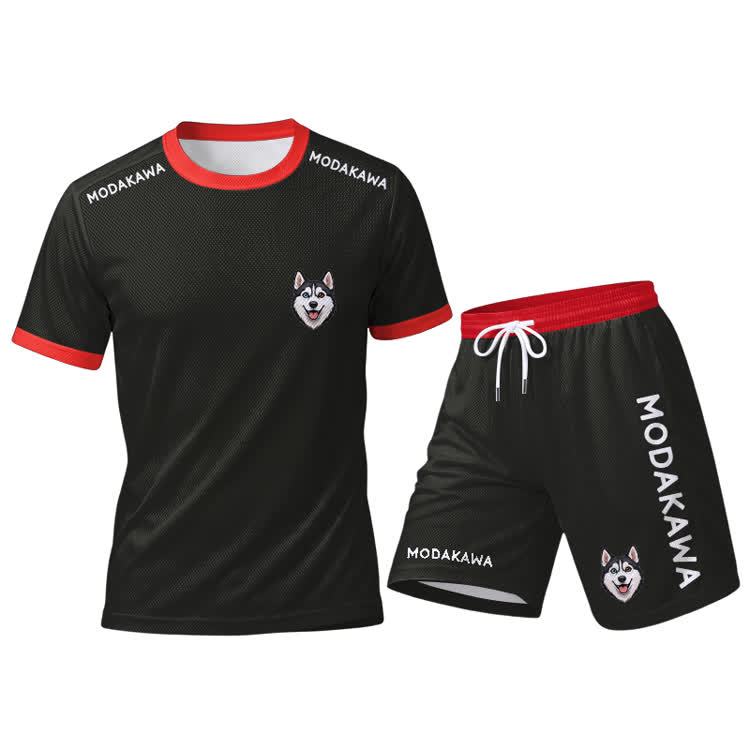 Sport-T-Shirt mit Husky-Motiv, Shorts mit Kordelzug, Modakawa-Partnerlook - Red Set - 5XL - image 12